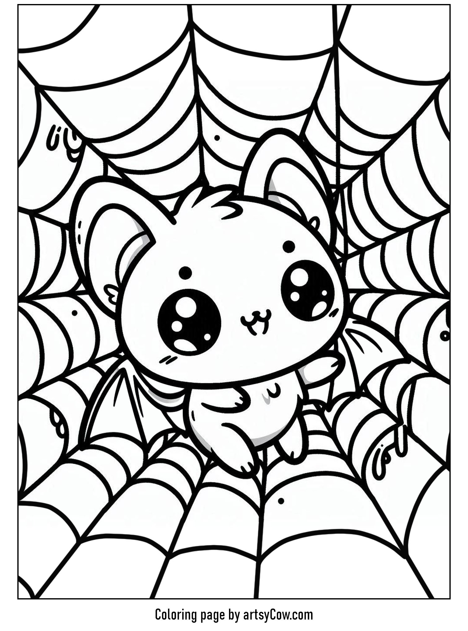 halloween coloring pages with bats featuring a cute bat centered amidst a web design.